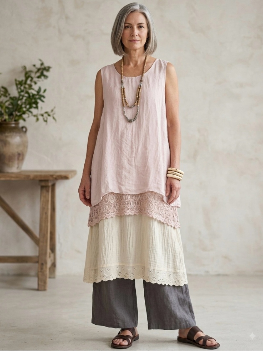 Elena Baldi Y2K Lagenlook Fairy Blush Pink Sleeveless Silk Tunic Crochet Hem S